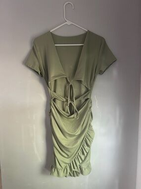 Olive Green Tie-Front Ruched Women’s Dress